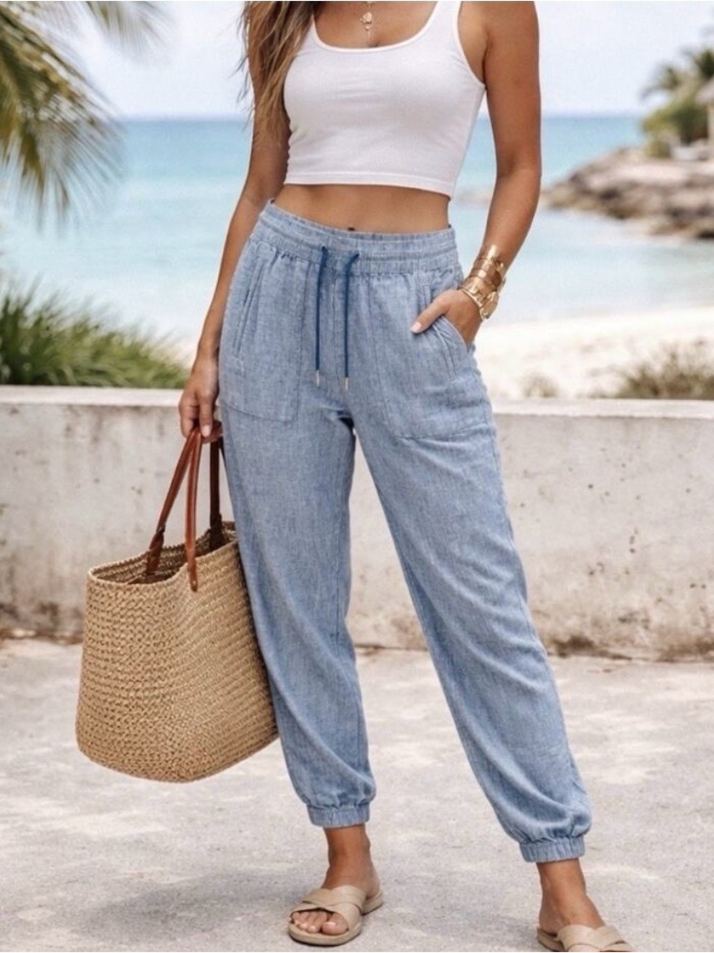 Athleta Blue Linen-Blend Jogger Track Pants 2